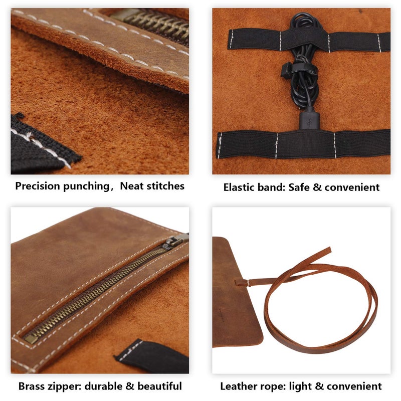 QEES Cable Organizer,Travel Organizer Electronics Organizer,Leather Charge Organizer Roll Bag,Travel Cord Organizer Tec Cable Organizer Bag Travel Case For Cable Charger Phone USB Headphone. (10 Slots) - Image 4